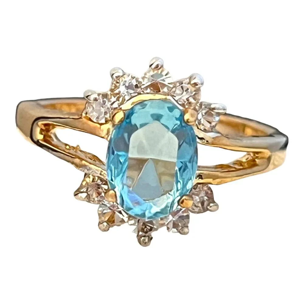 Vintage Ring Size 7 Blue CZ Cocktail Ring 14KT Gold Plate 14X